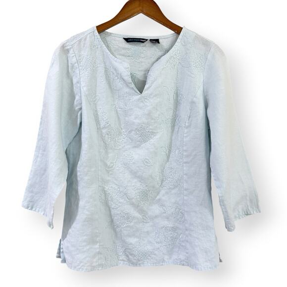 Saint Tropez West Tops - Saint Tropez West Blue Linen Embroidered Blouse Top L 3/4 Sleeve Beach Coastal